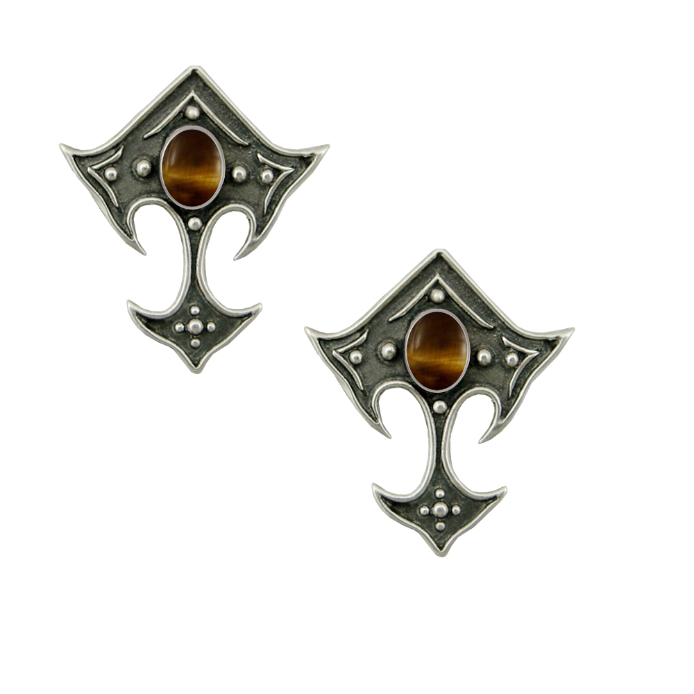 Sterling Silver Gothic Inspired Designer Drop Dangle Earrings With Tiger Eye